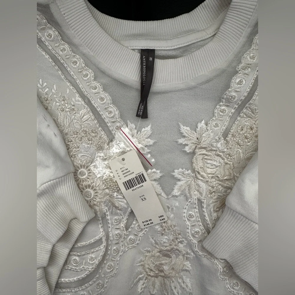 NWT By Anthropologie XS Puff-Sleeve Embellished Elbow-Sleeve Sweatshirt